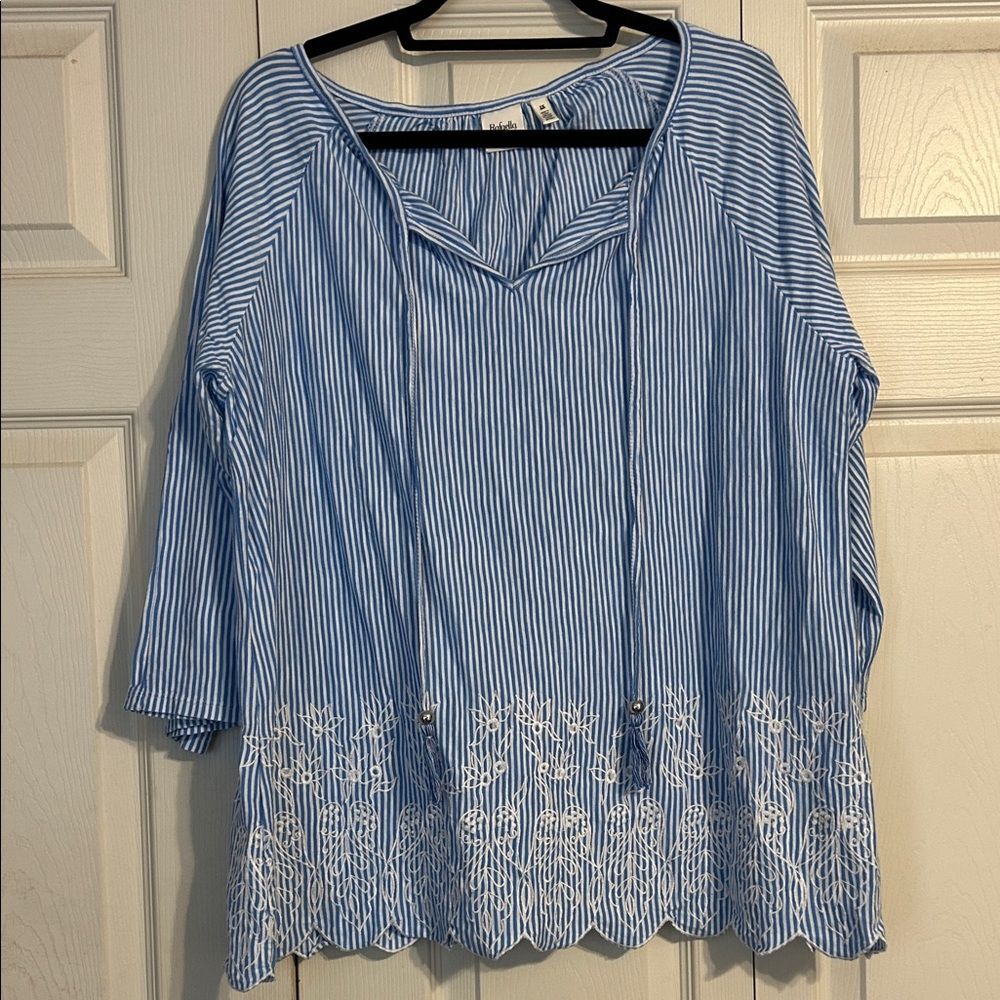 RAFAELLA Weekend Size 2X Striped Blouse Cold Shoulder Embroidered Coastal